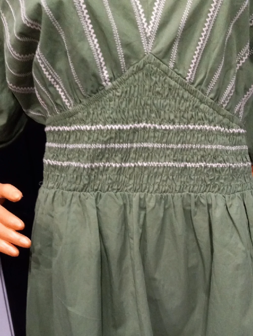 Gilli Michiko Puff Sleeve Olive V-Neck Smocked Waist Embroidered Maxi Dress - Picture 5 of 14